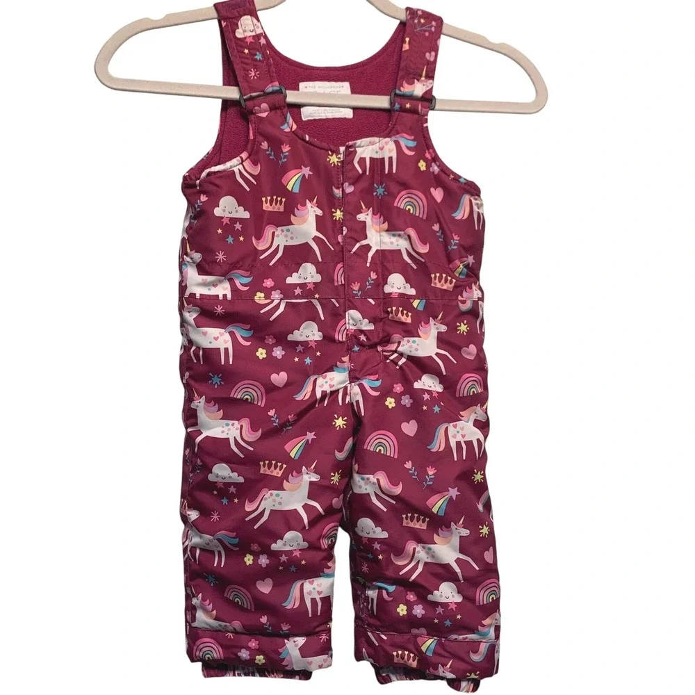 The Childrens Place Snow Bibs 18-24M Pink‎ Unicorn Rainbow Fleece Lined Overalls